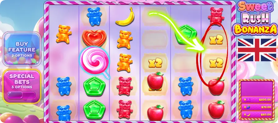 Sweet Rush Bonanza slot grid with candy symbols and x2 multiplier wilds